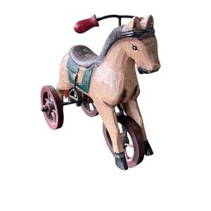 Vintage Hand Carved Wooden Horse Tricycle Folk Art Decor Multicolor